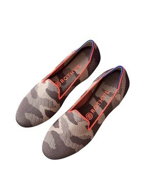Rothy's Taupe Slip-On Knit Flats in Brown Camo with Orange Trim SZ 7.5